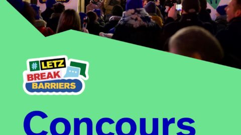 L'image montre une photo de l'événement #LetzBreakBarriers de 2024. On y voit une foule de personnes portant des casquettes bleues devant un public. En dessous, on peut lire en luxembourgeois « Concours - Bis de 15. August 2025 » (en français : Concours - jusqu'au 15 août 2025).