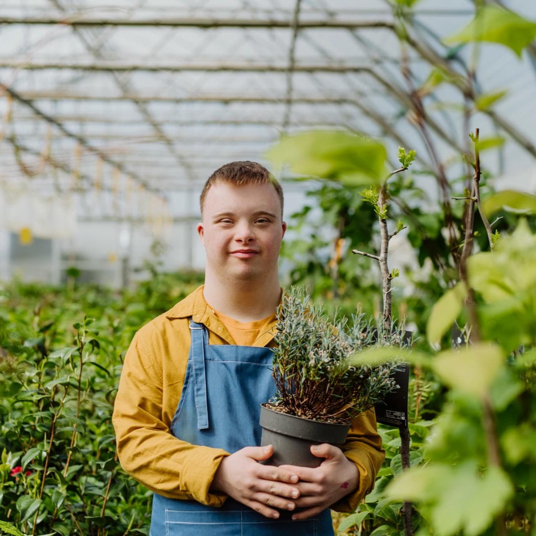 La photo montre un jeune homme porteur de la trisomie 21, dans une serre, entouré de plantes et tenant l’une d’elles à la main. Il est manifestement jardinier.