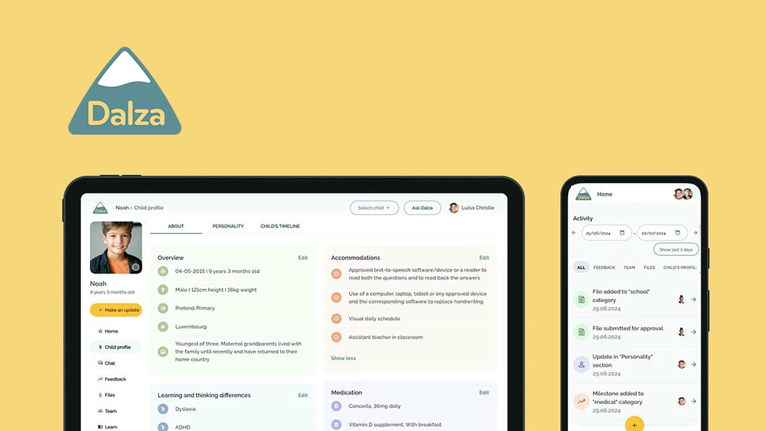 Benutzeroberfläche der App Dalza sichtbar auf Computer oder Tablet, und auf Smartphone